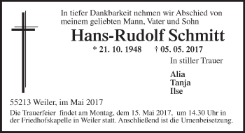 Traueranzeige von Hans-Rudolf Schmitt von Trauerportal Rhein Main Presse