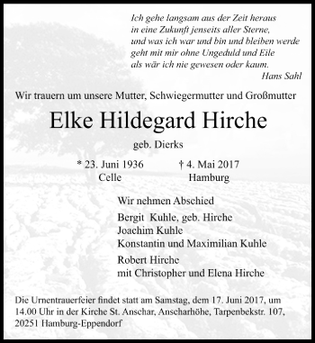 Traueranzeige von Elke Hildegard Hirche von Trauerportal Echo Online