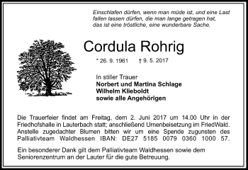 Traueranzeige von Cordula Rohrig von VRM Trauer