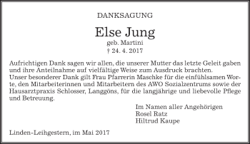 Traueranzeige von Else Jung von  Gießener Anzeiger