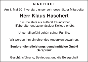 Traueranzeige von Klaus Haschert von Trauerportal Echo Online