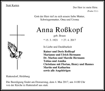 Traueranzeige von Anna Roßkopf von VRM Trauer
