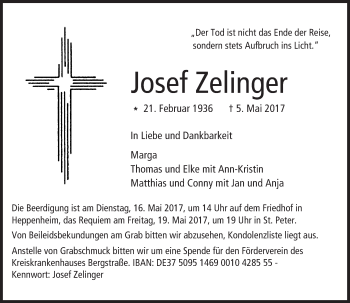 Traueranzeige von Josef Zelinger von Trauerportal Echo Online