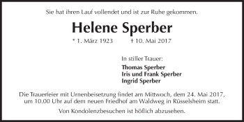 Traueranzeige von Helene Sperber von Trauerportal Rhein Main Presse