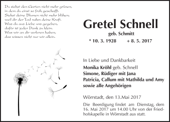 Traueranzeige von Gretel Schnell von Trauerportal Rhein Main Presse