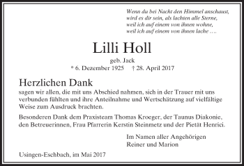 Traueranzeige von Lilli Holl von  Usinger Anzeiger