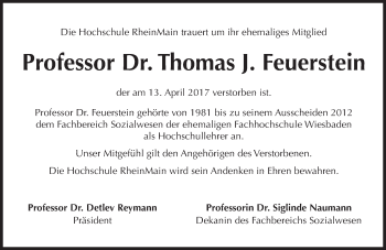 Traueranzeige von Thomas J. Feuerstein von Trauerportal Rhein Main Presse