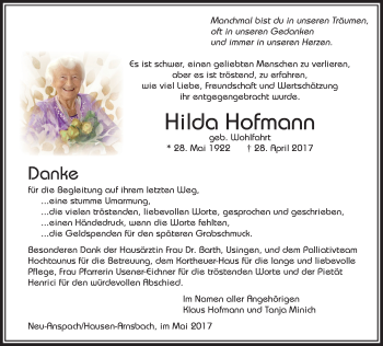 Traueranzeige von Hilda Hofmann von  Usinger Anzeiger