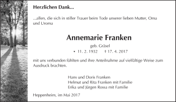 Traueranzeige von Annemarie Franken von Trauerportal Echo Online