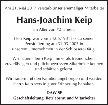 Traueranzeige von Hans-Joachim Keip von Trauerportal Echo Online