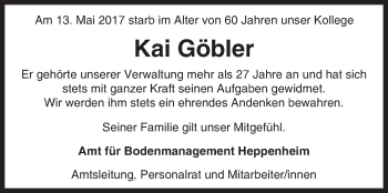 Traueranzeige von Kai Göbler von Trauerportal Echo Online