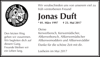 Traueranzeige von Jonas Duft von Trauerportal Echo Online