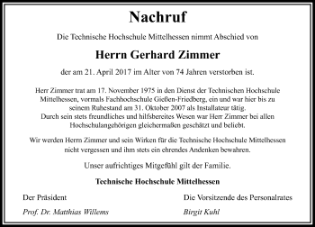 Traueranzeige von Gerhard Zimmer von  Gießener Anzeiger