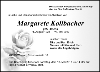 Traueranzeige von Margarete Kollbacher von Trauerportal Echo Online