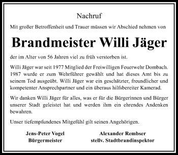Traueranzeige von Willi Jäger von  Camberger Anzeiger