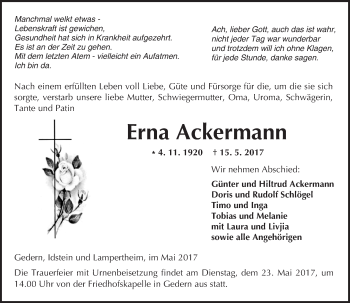 Traueranzeige von Erna Ackermann von  Kreisanzeiger