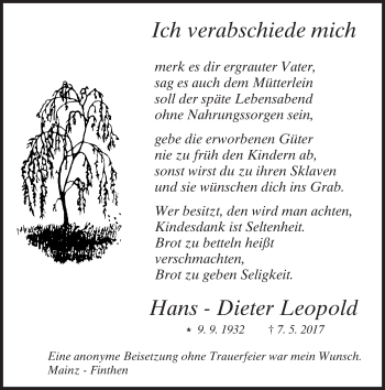 Traueranzeige von Hans-Dieter Leopold von Trauerportal Rhein Main Presse