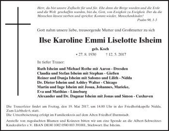 Traueranzeige von Ilse Karoline Emmi Liselotte Isheim von  Kreisanzeiger