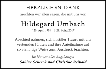 Traueranzeige von Hildegard Umbach von Trauerportal Echo Online