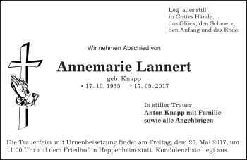 Traueranzeige von Annemarie Lannert von Trauerportal Echo Online