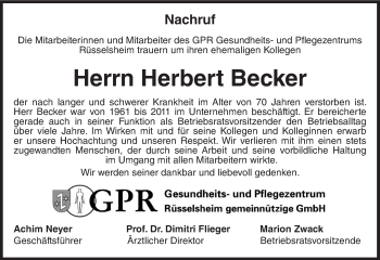 Traueranzeige von Herbert Becker von Trauerportal Rhein Main Presse
