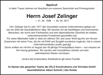 Traueranzeige von Josef Zelinger von Trauerportal Echo Online