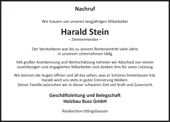 Traueranzeige von Harald Stein von  Gießener Anzeiger