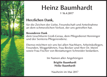 Traueranzeige von Heinz Baumhardt von Trauerportal Rhein Main Presse