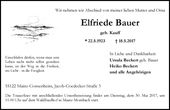 Traueranzeige von Elfriede Bauer von Trauerportal Rhein Main Presse