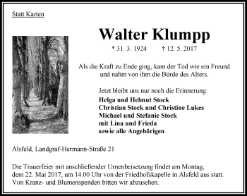 Traueranzeige von Walter Klumpp von VRM Trauer