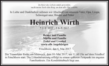 Traueranzeige von Heinrich Wirth von VRM Trauer