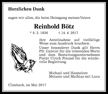 Traueranzeige von Reinhold Bötz von  Gießener Anzeiger