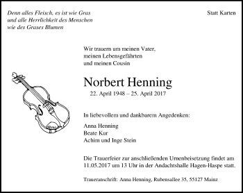 Traueranzeige von Norbert Henning von Trauerportal Rhein Main Presse