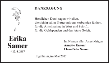 Traueranzeige von Erika Samer von Trauerportal Rhein Main Presse