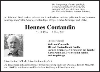 Traueranzeige von Hennes Coutandin von Trauerportal Rhein Main Presse