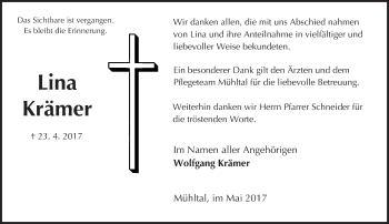 Traueranzeige von Lina Krämer von Trauerportal Echo Online