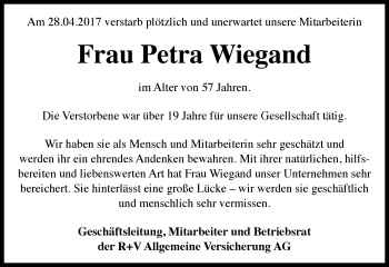 Traueranzeige von Petra Wiegand von Trauerportal Rhein Main Presse