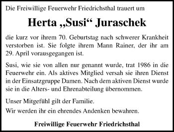 Traueranzeige von Herta Susi Juraschek von  Usinger Anzeiger