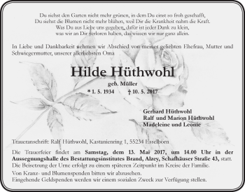 Traueranzeige von Hilde Hüthwohl von Trauerportal Rhein Main Presse