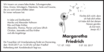 Traueranzeige von Margaretha Friedrich von Trauerportal Echo Online
