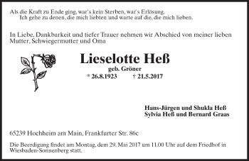 Traueranzeige von Lieselotte Heß von Trauerportal Rhein Main Presse