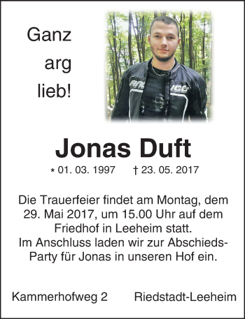 Traueranzeige von Jonas Duft von Trauerportal Echo Online