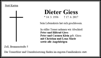Traueranzeige von Dieter Giess von VRM Trauer