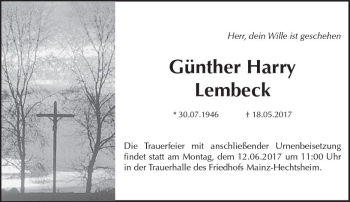 Traueranzeige von Günther Harry Lembeck von Trauerportal Rhein Main Presse