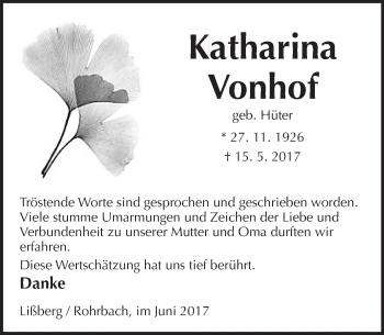 Traueranzeige von Katharina Vonhof von  Kreisanzeiger