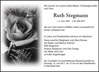 Traueranzeige von Ruth Stegmann von Trauerportal Echo Online