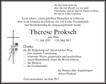 Traueranzeige von Therese Proksch von  Usinger Anzeiger