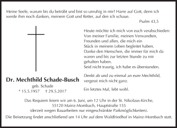 Traueranzeige von Mechthild Schade-Busch von Trauerportal Rhein Main Presse