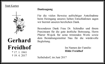 Traueranzeige von Gerhard Freidhof von VRM Trauer
