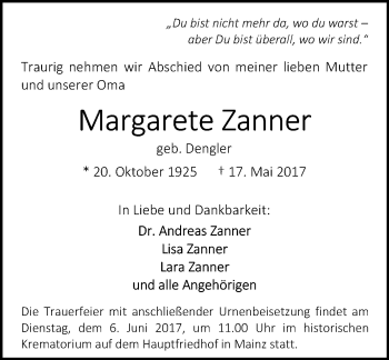 Traueranzeige von Margarete Zanner von Trauerportal Rhein Main Presse